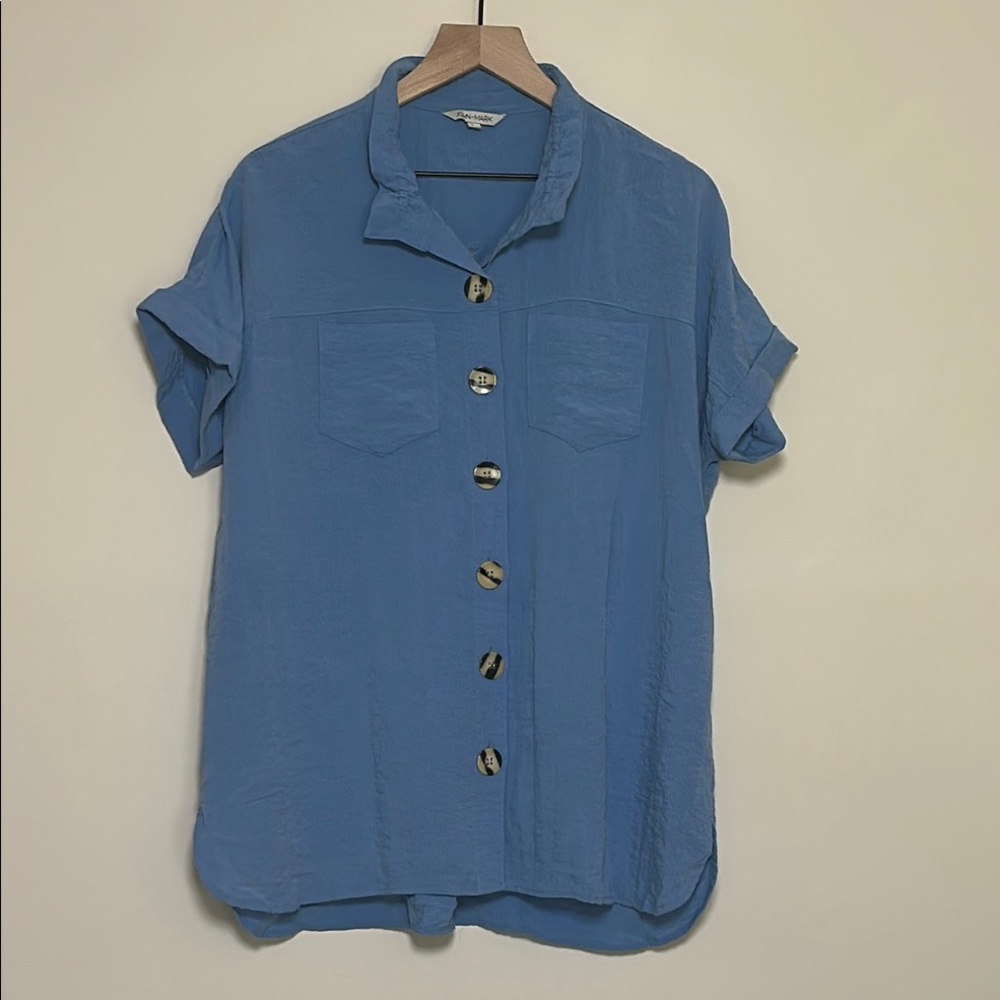 John Mark Blue Button-Up Blouse Shirt Size Large